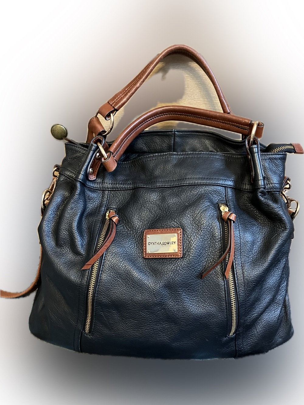 Cynthia Rowley Black Leather Tote with Brown Handles